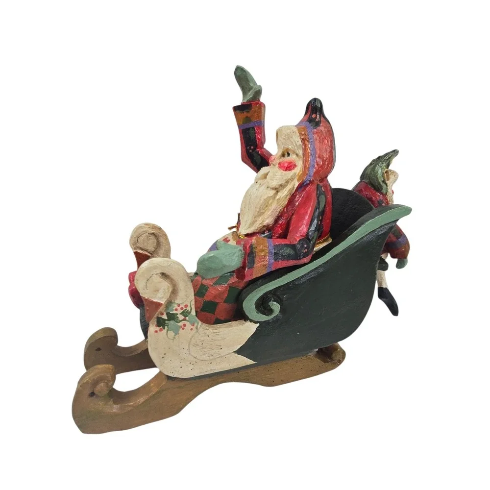 Vtg 1989 House of Hatten Santa in Sleigh Figurine Denise Calla Paper Mache 9 in
